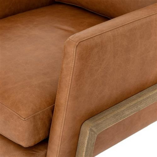 Niko Mid Century Brown Upholstered Leather Natural Wood Frame Occasional Arm Chair